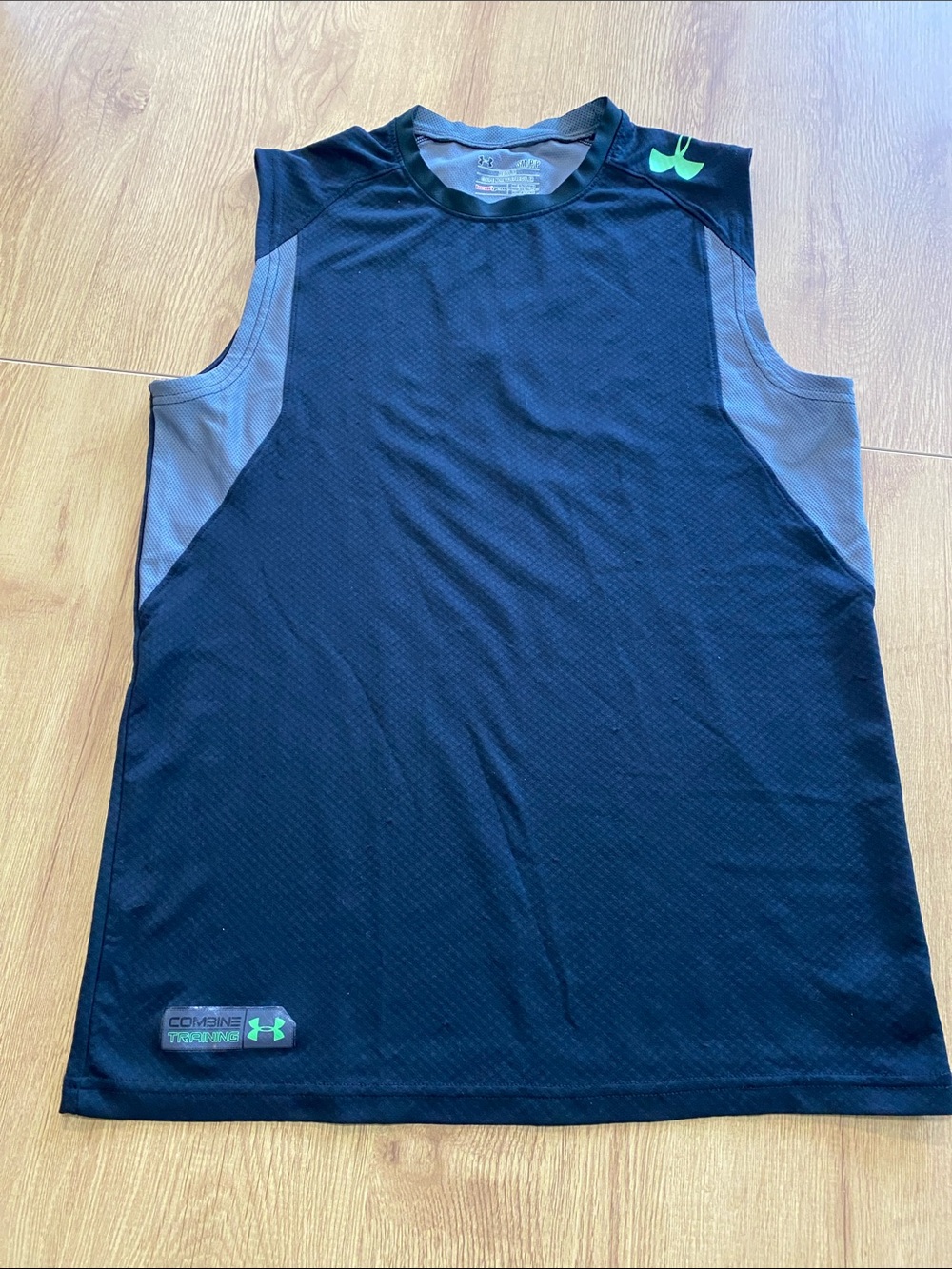 Under Armour Black Sleeveless Training Tank with Gray Panels and Neon Green Logo
